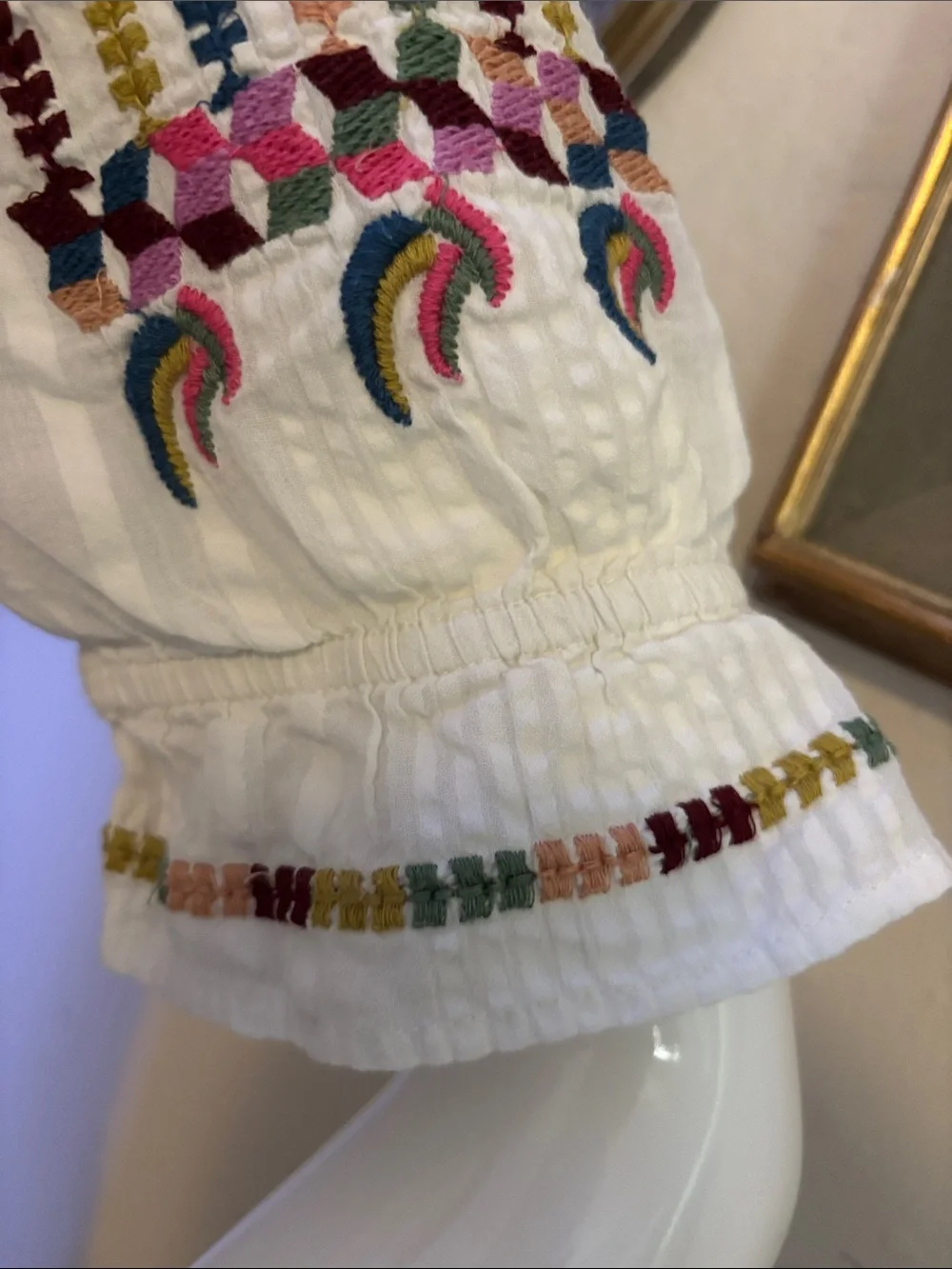 Anthropologie White Off-Shoulder Blouse with Multicolor Embroidery